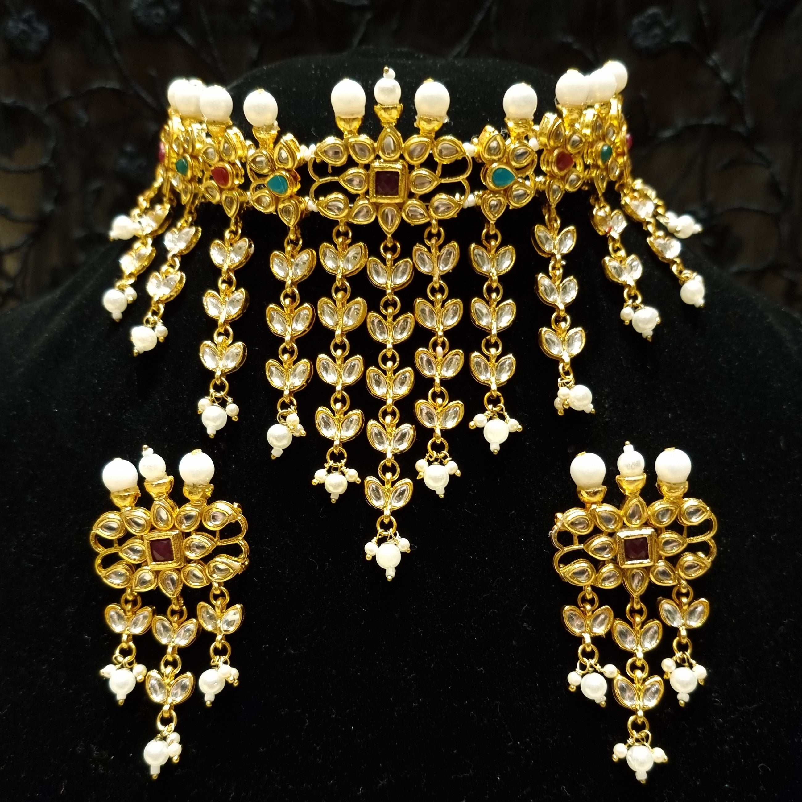 Padmaavati Kundan Pearl Long Hanging Necklace Earrings Rajputi Set