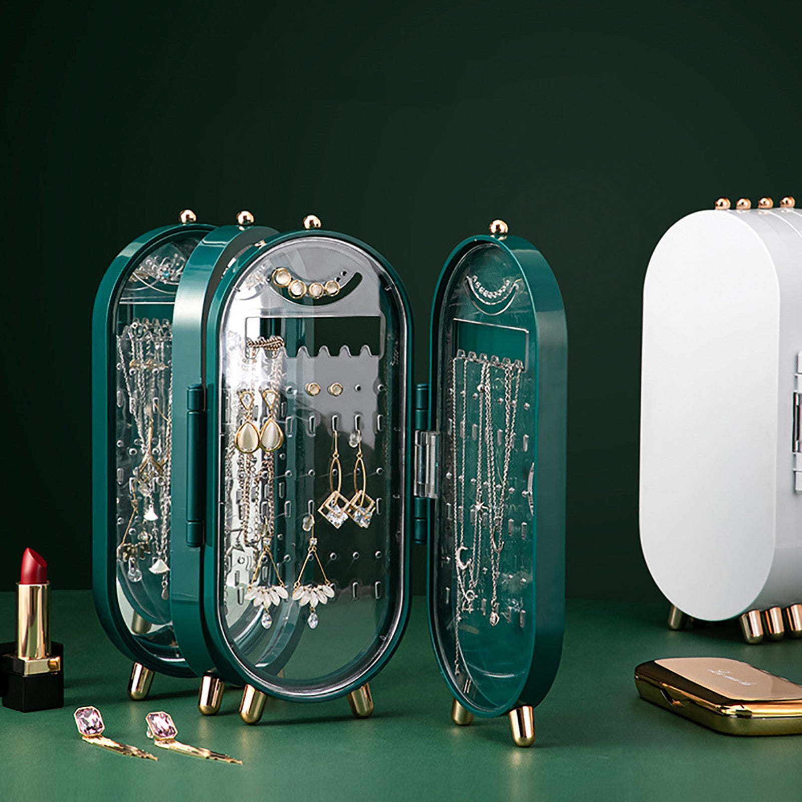 Plastic Large Jewelry Box Organizer 4 Fan Storage Case Necklace Earrings Ring Mirror Display Desktop Jewel Holder(Random Colour) Plastic Large Jewelry Box Organizer 4 Fan Storage Case Necklace Earrings Ring Mirror Display Desktop Jewel Holder(Random Colour)