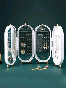 Plastic Large Jewelry Box Organizer 4 Fan Storage Case Necklace Earrings Ring Mirror Display Desktop Jewel Holder(Random Colour)