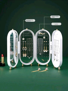 Plastic Large Jewelry Box Organizer 4 Fan Storage Case Necklace Earrings Ring Mirror Display Desktop Jewel Holder(Random Colour)