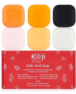 Koji White Kojic Acid Skin Brighten & Glowing Soap - Bath Women Gift Box Set 6 Bars - Papaya, Glutathione, Vitamin C, Collagen, Charcoal for Dark Sport, Hydrating, Cleansing Facial & Body 2.8 Oz each