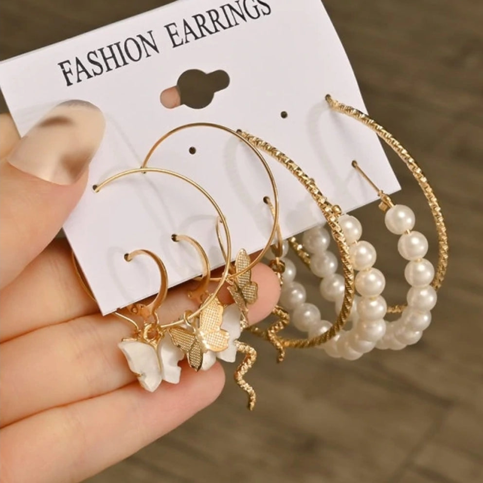 Gold Butterfly & Faux Pearl Earrings. ( 5 PCS ) Gold Butterfly & Faux Pearl Earrings. ( 5 PCS )