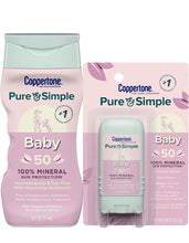 Load image into Gallery viewer, Coppertone Pure and Simple Baby Sunscreen Lotion + Stick Sunscreen SPF 50, Zinc Oxide Mineral Sunscreen for Babies, Water Resistant, Tear Free Sunscreen Pack (6 Fl Oz Bottle +0.49 oz Stick)