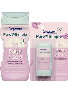 Coppertone Pure and Simple Baby Sunscreen Lotion + Stick Sunscreen SPF 50, Zinc Oxide Mineral Sunscreen for Babies, Water Resistant, Tear Free Sunscreen Pack (6 Fl Oz Bottle +0.49 oz Stick)