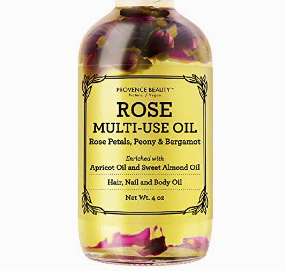 Provence Beauty Rose Multi-Use Oil for Face, Body and Hair - Organic Blend of Apricot, Vitamin E and Sweet Almond Oil Moisturizer for Dry Skin, Scalp & Nails - Rose Petals & Bergamot Essential Oil - 4 Fl Oz