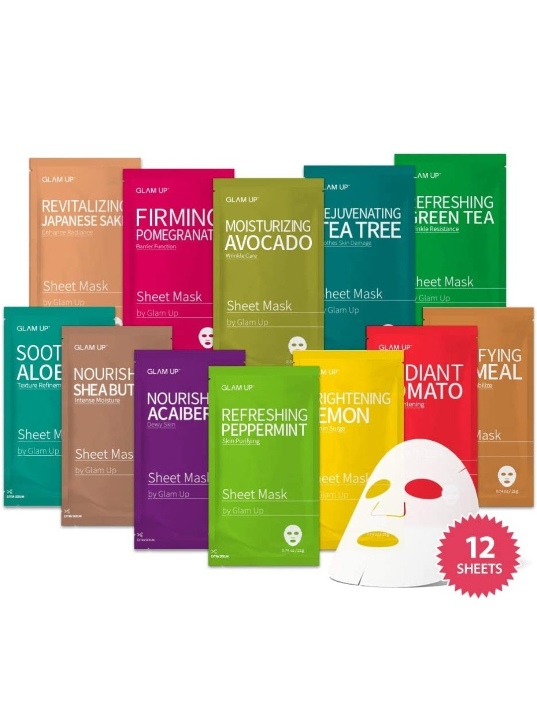 GLAM UP Sheet mask Facial Sheet Mask 12 Combo (Pack of 12) - Face Masks Skincare, Hydrating Face Masks, Moisturizing, Brightening and Soothing, Beauty Mask For All Skin Type