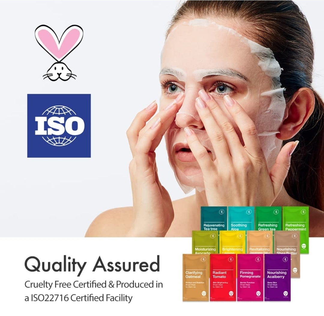 GLAM UP Sheet mask Facial Sheet Mask 12 Combo (Pack of 12) - Face Masks Skincare, Hydrating Face Masks, Moisturizing, Brightening and Soothing, Beauty Mask For All Skin Type GLAM UP Sheet mask Facial Sheet Mask 12 Combo (Pack of 12) - Face Masks Skincare, Hydrating Face Masks, Moisturizing, Brightening and Soothing, Beauty Mask For All Skin Type
