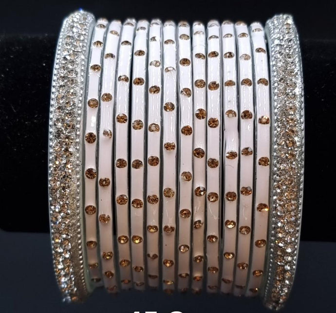 White glass bangles with AD stone kada. 2.8