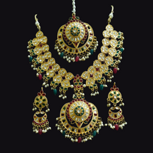 Load image into Gallery viewer, Red &amp; green kundan moti necklace set with earrings and tikka.